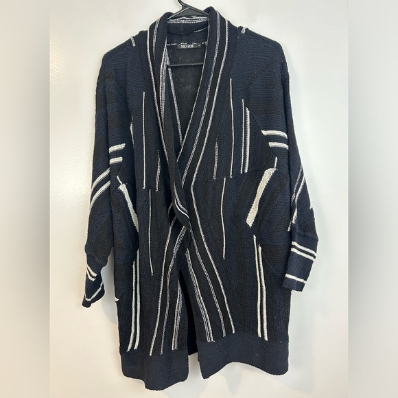 NIC+ZOE Sweaters - NWT Nic + Zoe Black/Blue/White Striped Open Front Drapey Long Cardigan Large